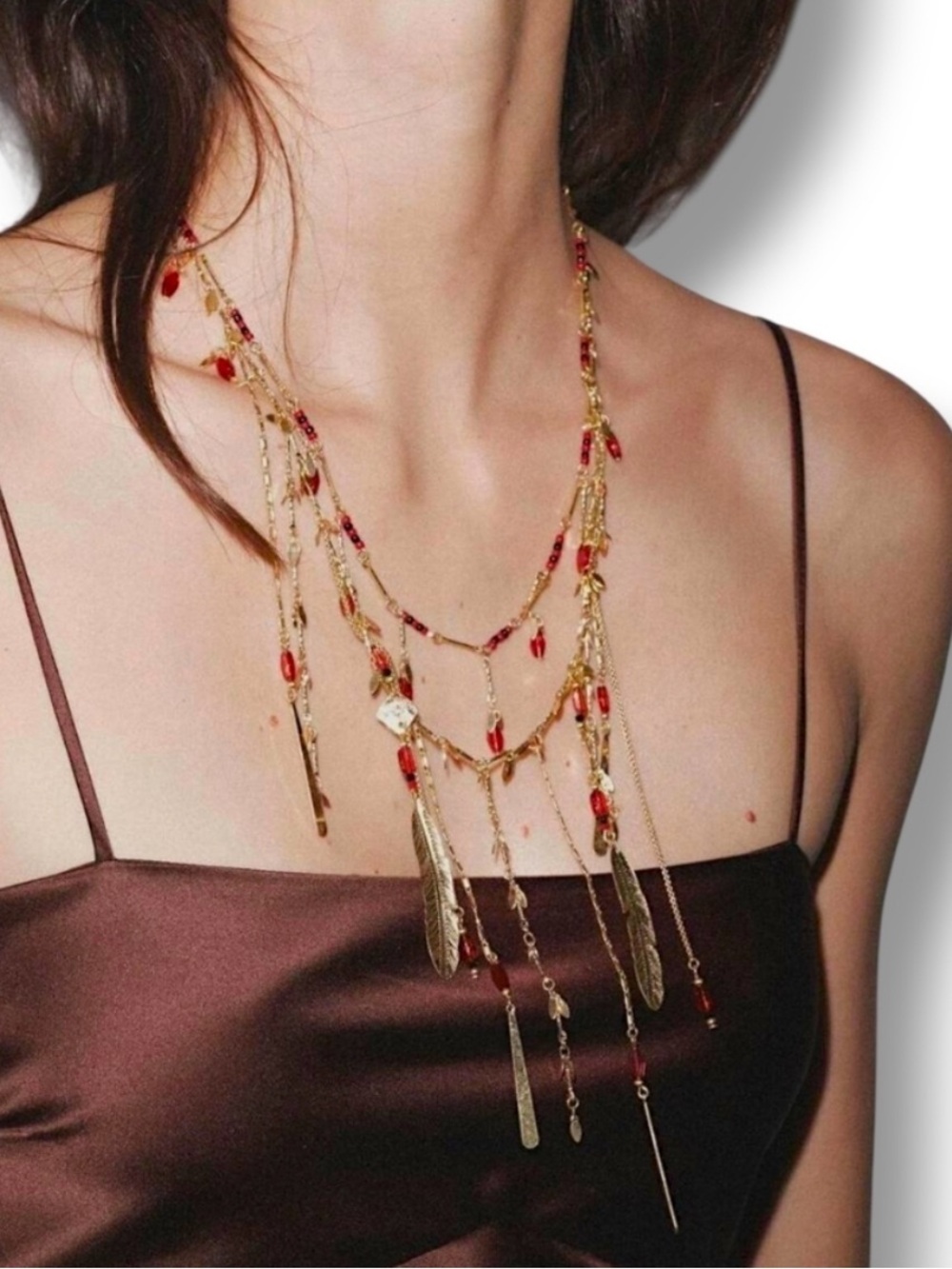Zara Gold-Tone Waterfall Necklace with Red Beads